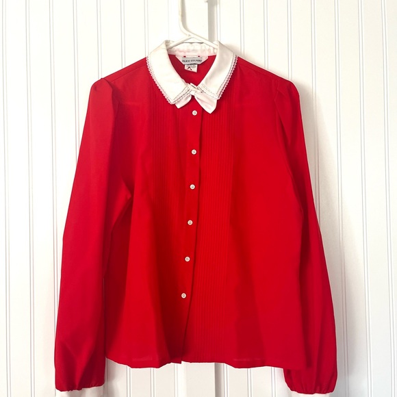 Vintage Red Blouse Bow Tie Neck White Collar Lace Pleated Front Alice Stuart - Picture 2 of 15